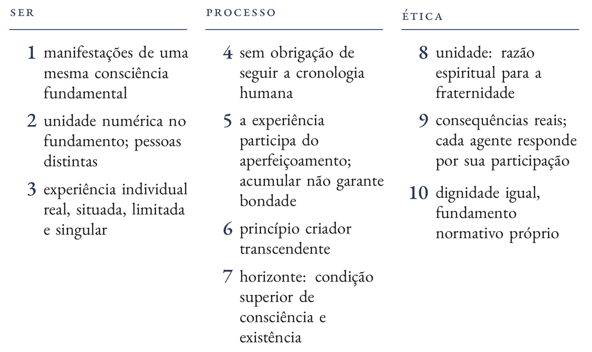 Quadro em três colunas, ser, processo e ética, com as dez proposições numeradas: 1, manifestações de uma mesma consciência fundamental; 2, unidade numérica no fundamento, pessoas distintas; 3, experiência individual real, situada, limitada e singular; 4, sem obrigação de seguir a cronologia humana; 5, a experiência participa do aperfeiçoamento, acumular não garante bondade; 6, princípio criador transcendente; 7, horizonte: condição superior de consciência e existência; 8, unidade: razão espiritual para a fraternidade; 9, consequências reais, cada agente responde por sua participação; 10, dignidade igual, fundamento normativo próprio.